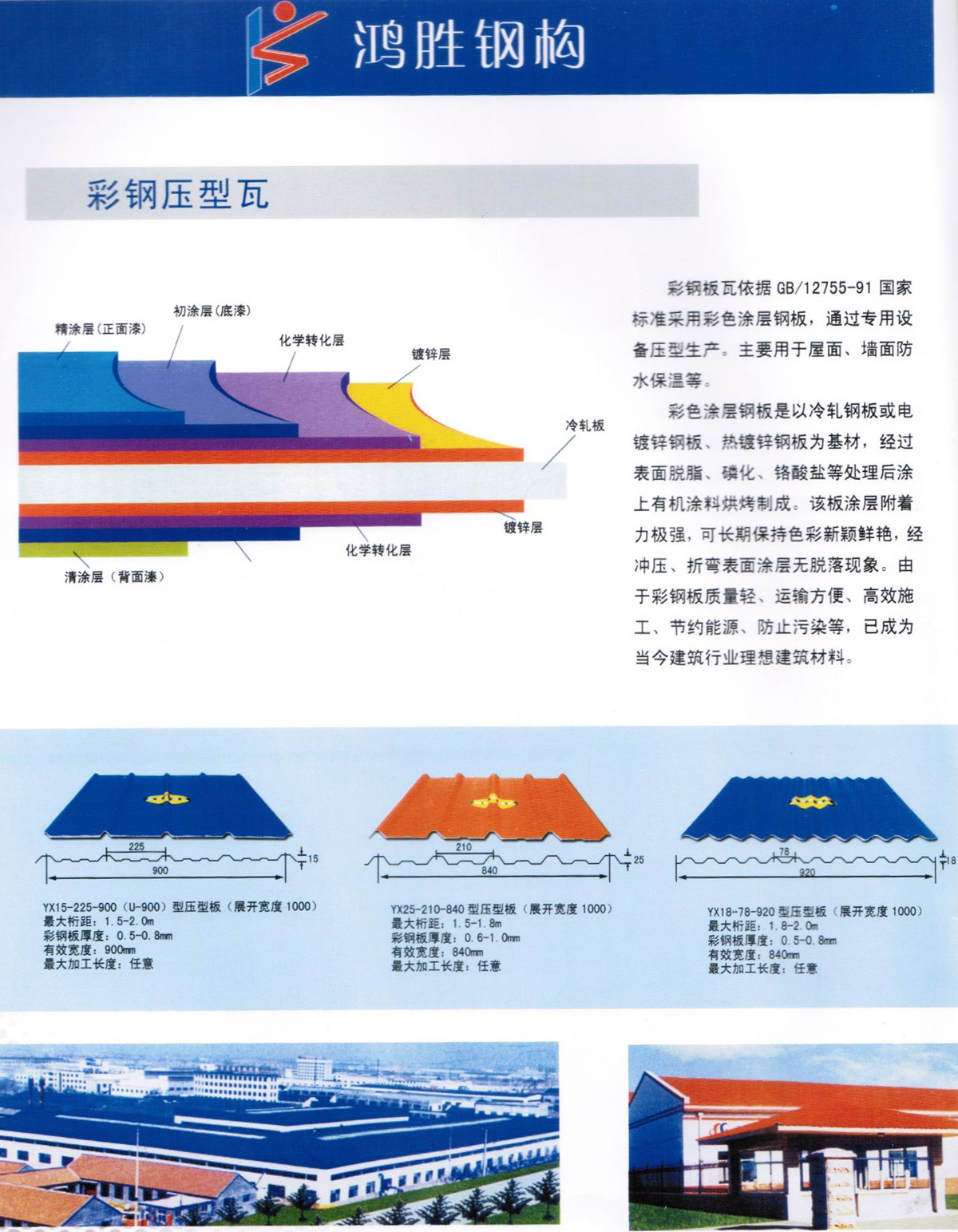 彩鋼板瓦依據(jù) GB/12755-91 國(guó)家標(biāo)準(zhǔn)采用彩色涂層鋼板，通過(guò)專用設(shè)備壓型生產(chǎn)。主要用于屋面、墻面防水保溫等。 彩色涂層鋼板是以冷軋鋼板或電鍍鋅鋼板、熱鍍鋅鋼板為基材，經(jīng)過(guò)表面脫脂、磷化、鉻酸鹽等處理后涂上有機(jī)涂料烘烤制成。該板涂層附著力極強(qiáng)，可長(zhǎng)期保持色彩新穎鮮艷，經(jīng)沖壓、折彎表面涂層無(wú)脫落現(xiàn)象。由于彩鋼板質(zhì)量輕、運(yùn)輸方便、高效施工、節(jié)約能源、防止污染等，已成為當(dāng)今建筑行業(yè)理想建筑材料。